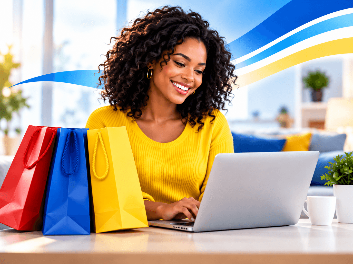 Customer shopping online with colorful bags beside her laptop