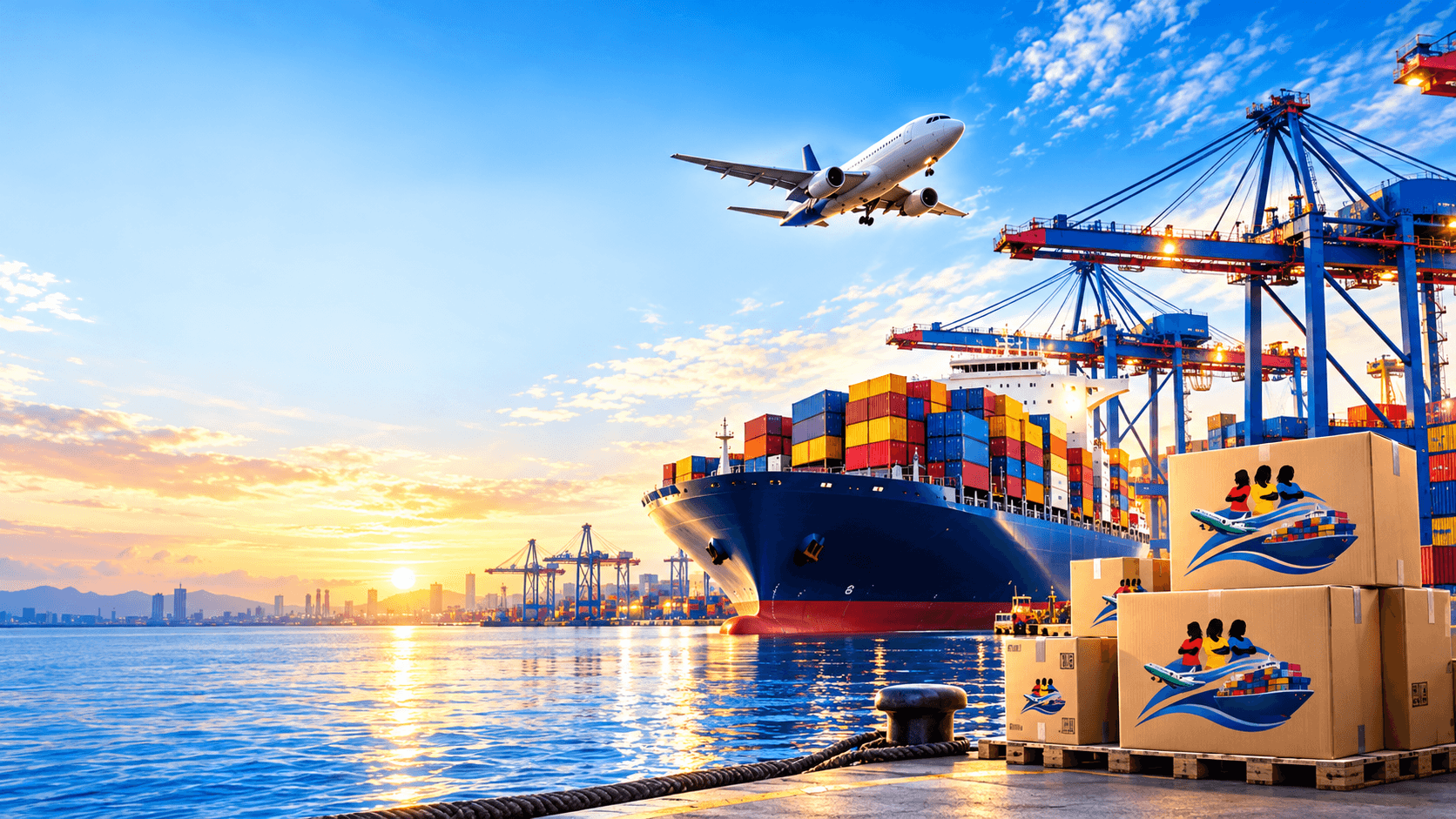 Cargo ship, airplane and shipping containers at a port