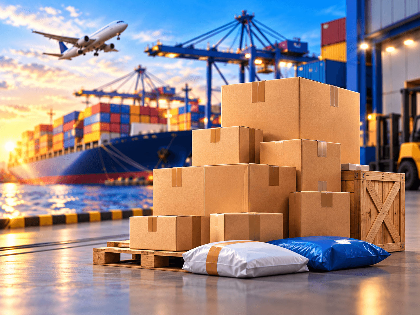Airplane and cargo ship moving freight through a bright port